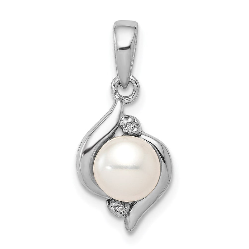 Sterling Silver Rhodium 6mm Fw Cultured Pearl & Diamond Pendant