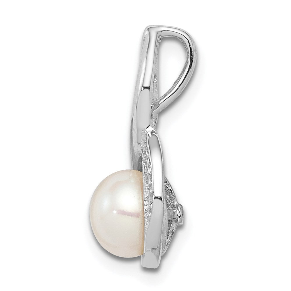 Sterling Silver Rhodium 6mm Fw Cultured Pearl & Diamond Chain Slide