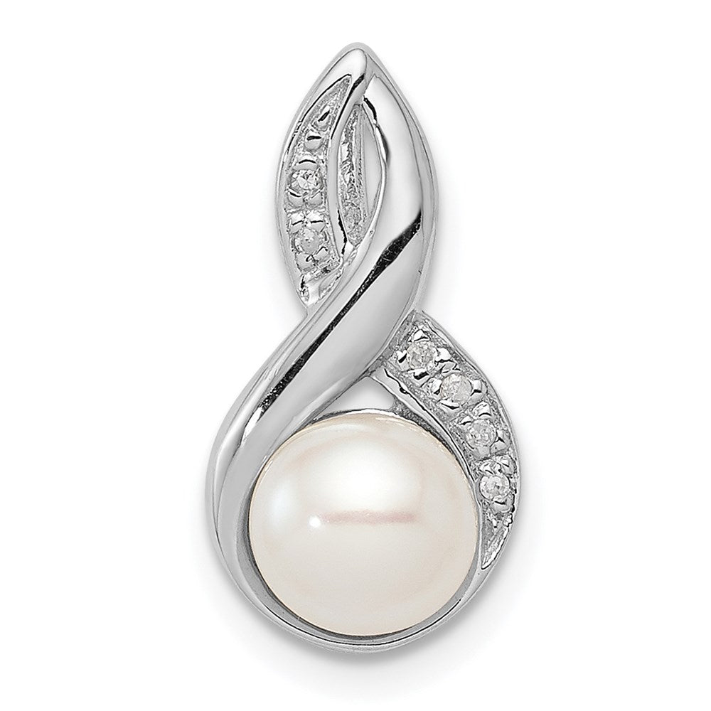 Sterling Silver Rhodium 6mm Fw Cultured Pearl & Diamond Chain Slide