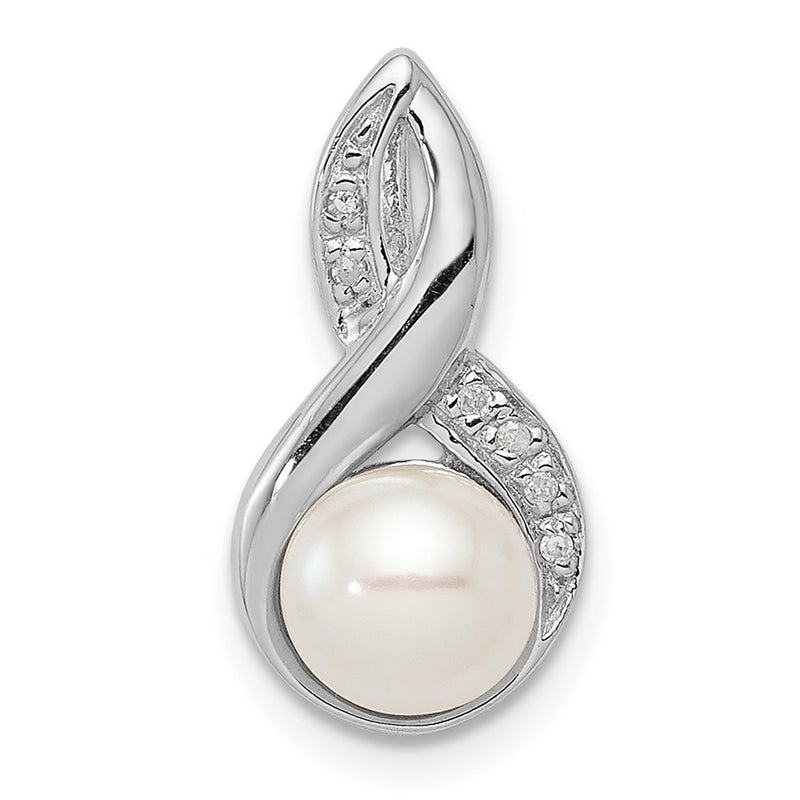 Sterling Silver Rhodium 6mm Fw Cultured Pearl & Diamond Chain Slide
