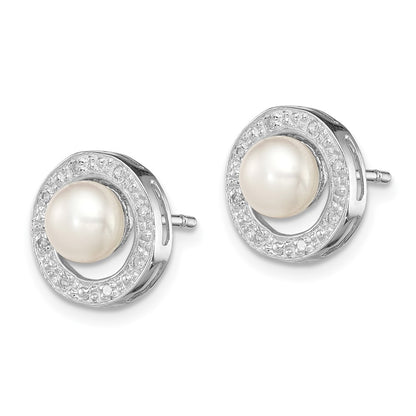 Sterling Silver Rhodium 6mm Fw Cultured Pearl & Diamond Post Ear