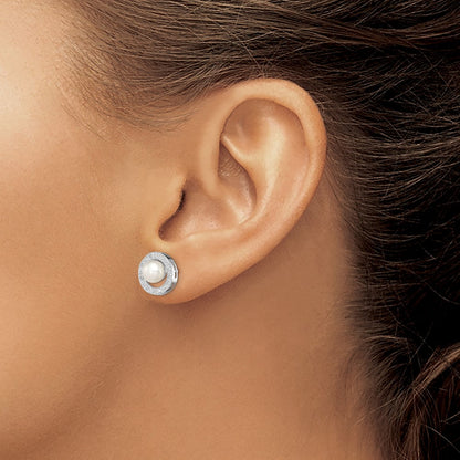 Sterling Silver Rhodium 6mm Fw Cultured Pearl & Diamond Post Ear