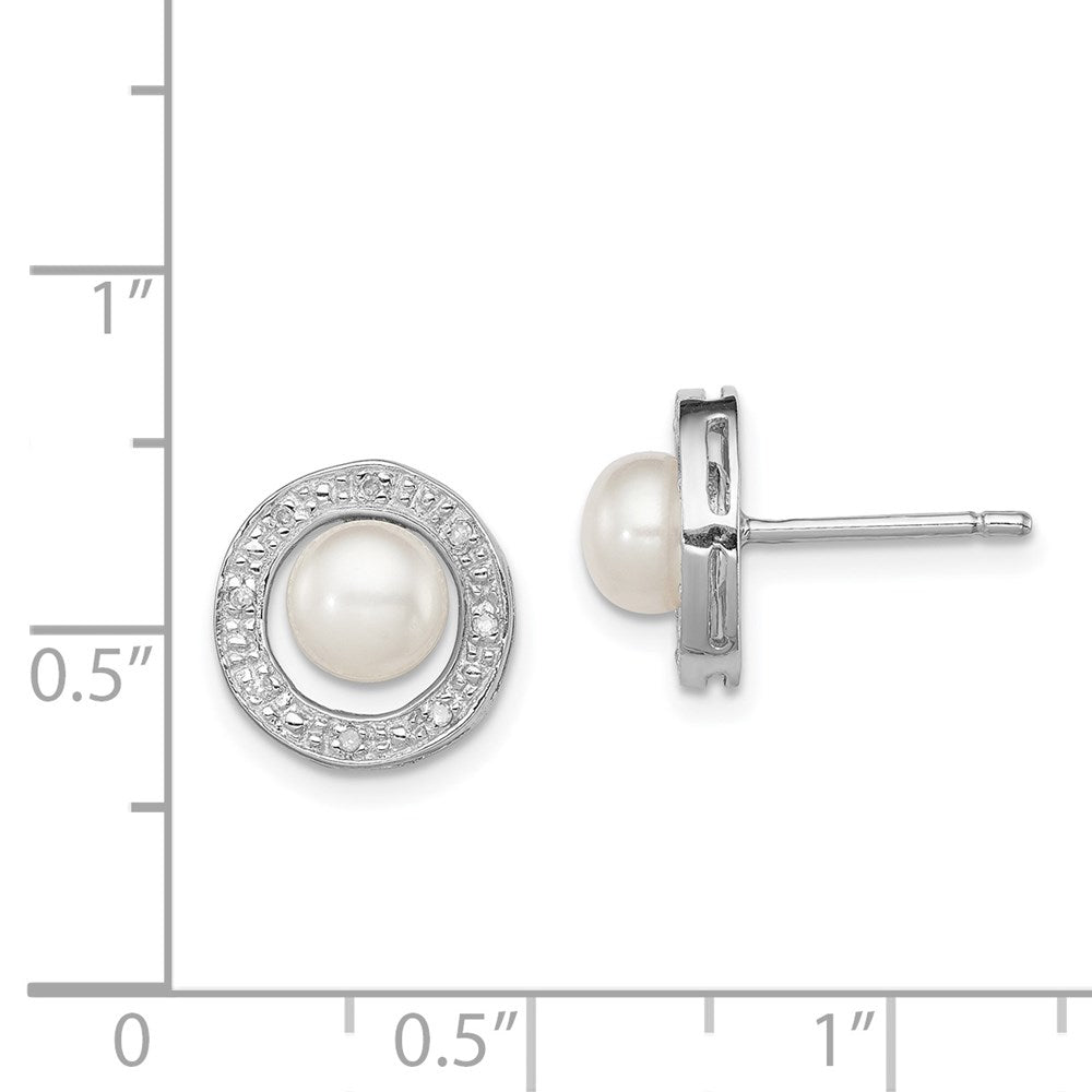 Sterling Silver Rhodium 6mm Fw Cultured Pearl & Diamond Post Ear