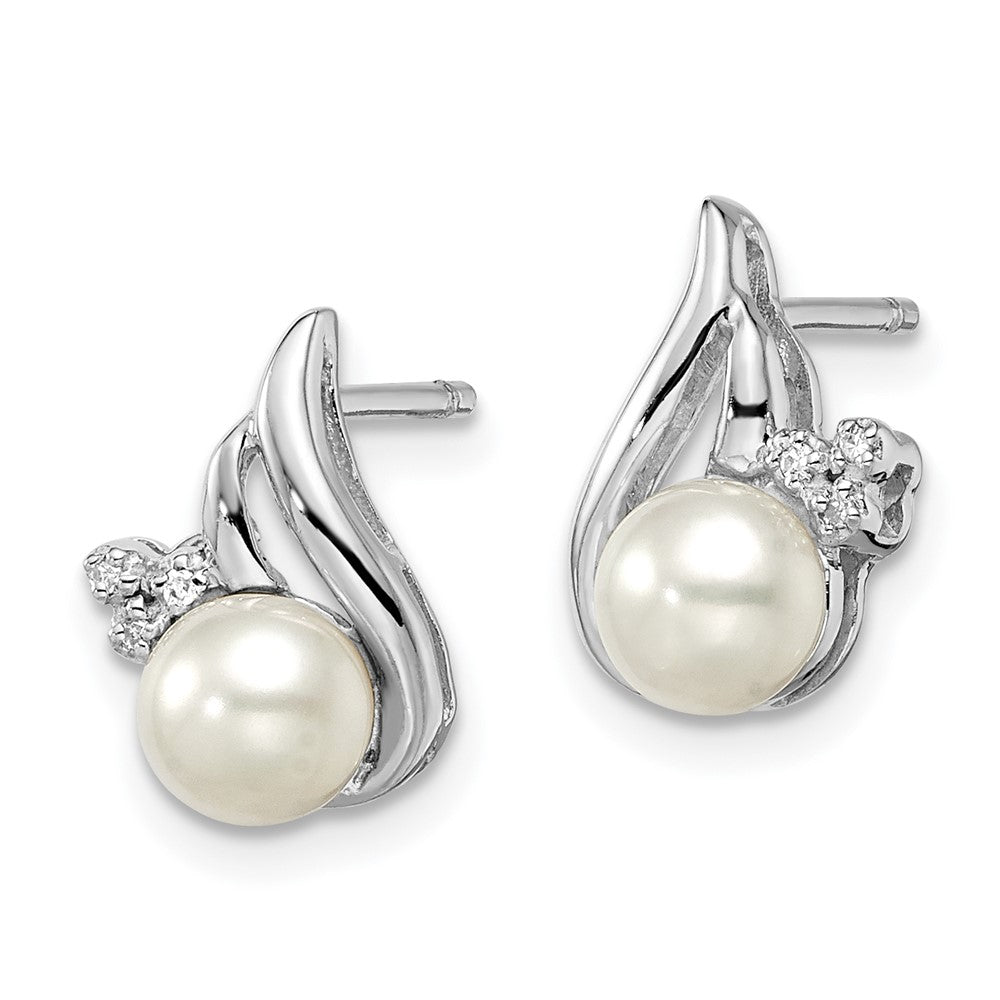 Sterling Silver Rhodium 6mm Fw Cultured Pearl & Diamond Post Ear