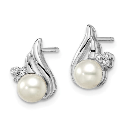 Sterling Silver Rhodium 6mm Fw Cultured Pearl & Diamond Post Ear