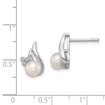 Sterling Silver Rhodium 6mm Fw Cultured Pearl & Diamond Post Ear