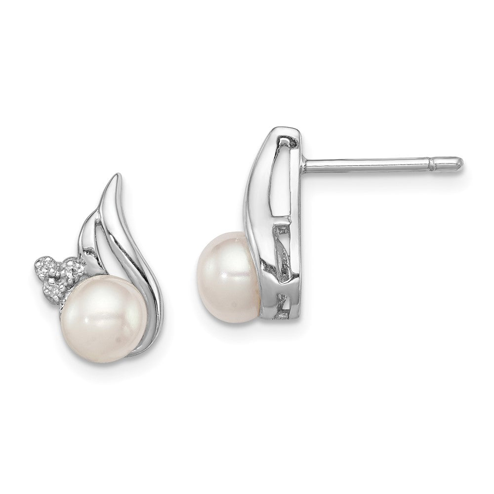 Sterling Silver Rhodium 6mm Fw Cultured Pearl & Diamond Post Ear