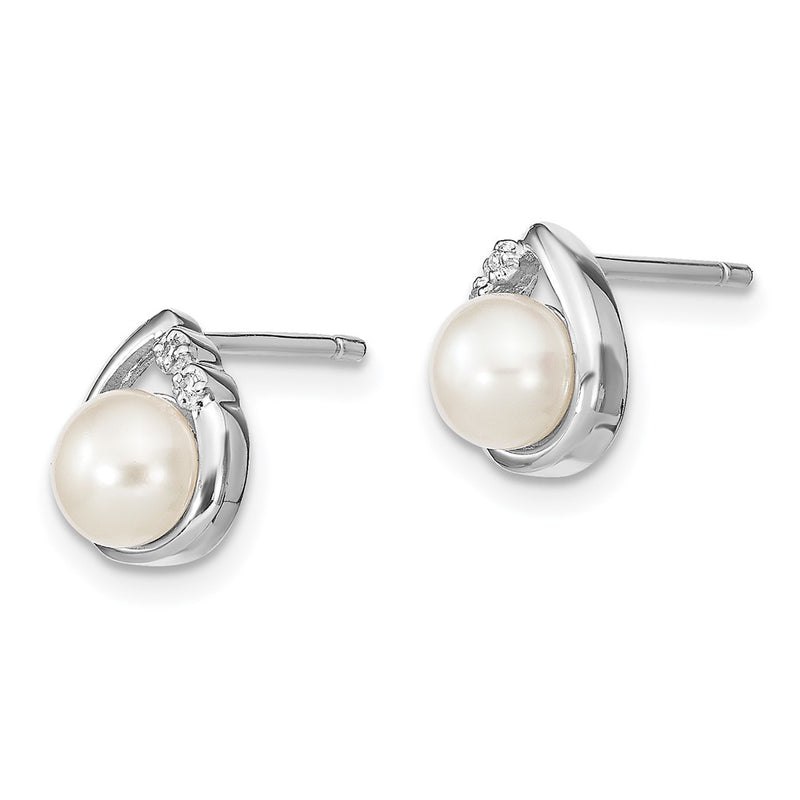 Sterling Silver Rhodium-Plated 5mm Fw Cultured Pearl & Diamond Post Ear