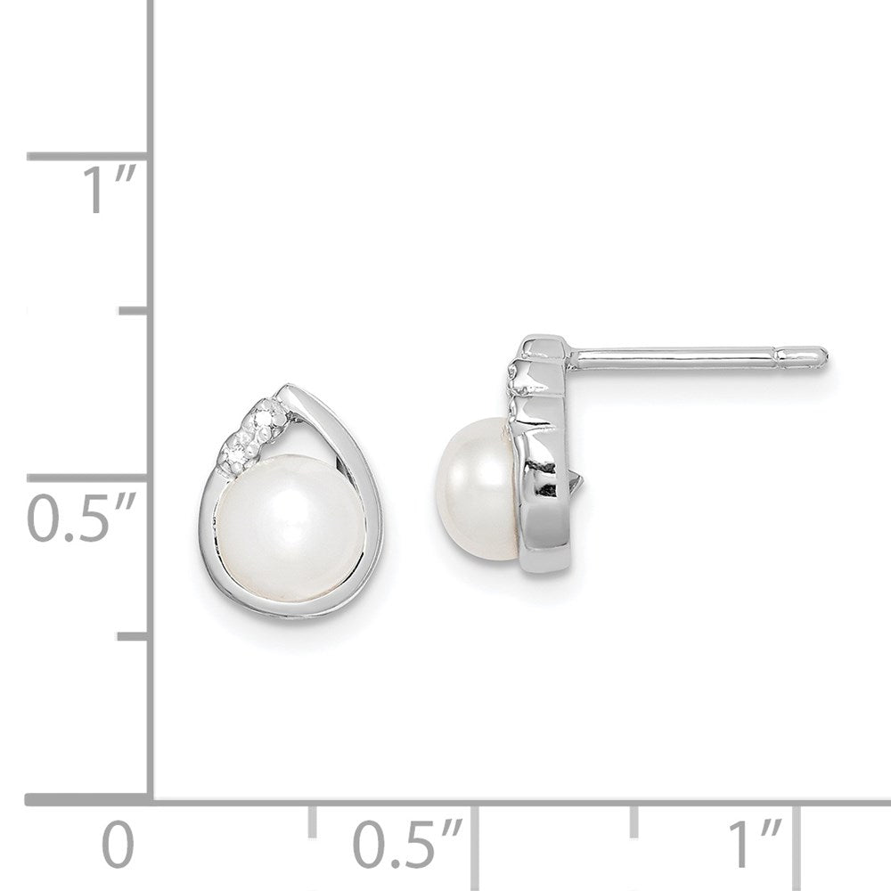 Sterling Silver Rhodium-Plated 5mm Fw Cultured Pearl & Diamond Post Ear