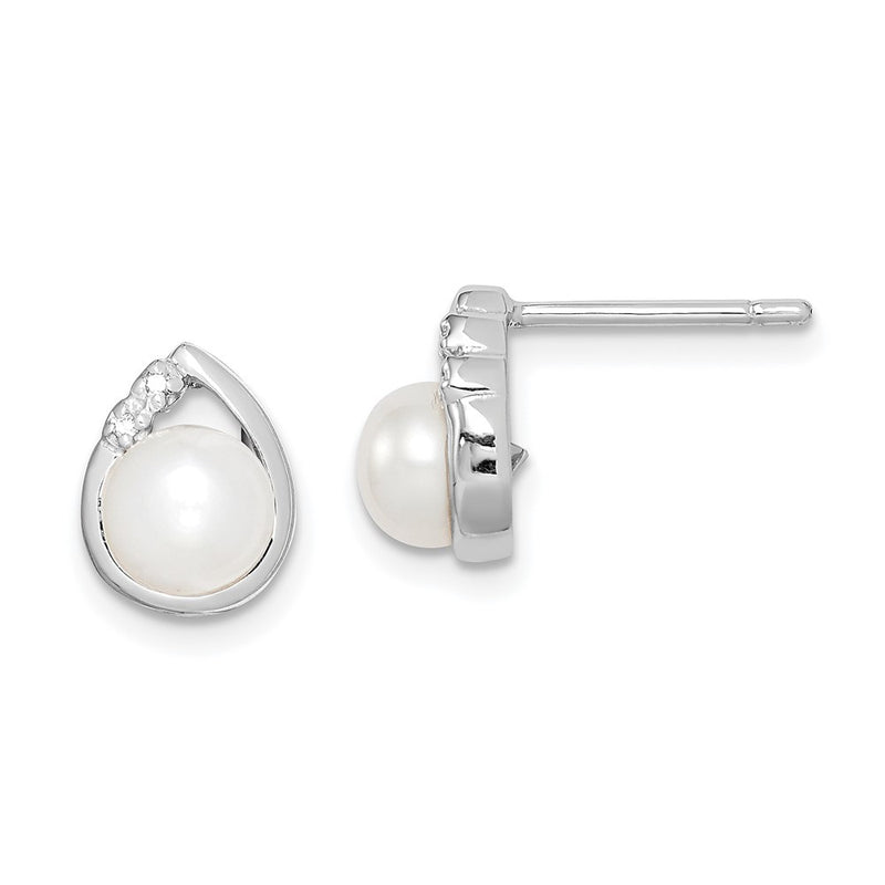 Sterling Silver Rhodium-Plated 5mm Fw Cultured Pearl & Diamond Post Ear