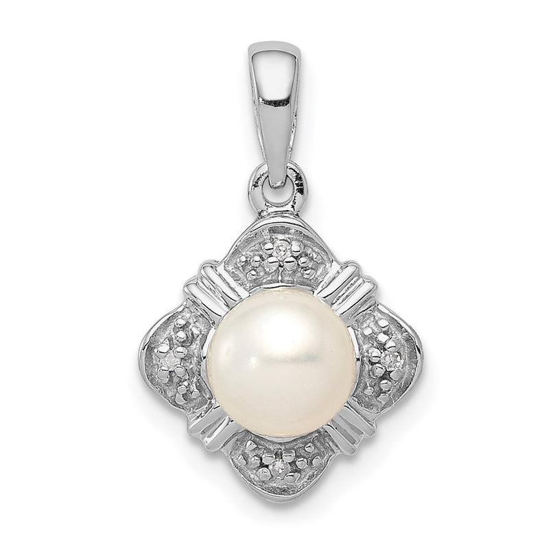 Sterling Silver Rhodium Fw Cultured Pearl & Diamond Pendant