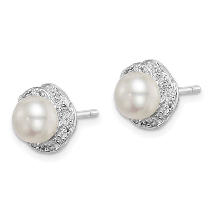 Sterling Silver Rhodium Fw Cultured Pearl & Diamond Post Earrings