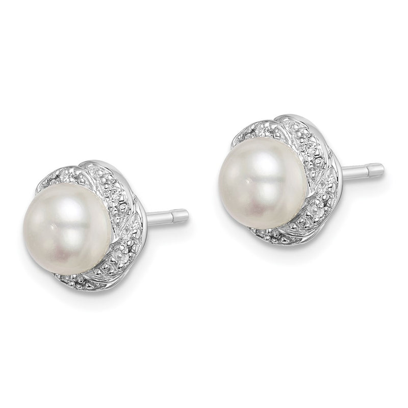 Sterling Silver Rhodium Fw Cultured Pearl & Diamond Post Earrings