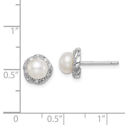 Sterling Silver Rhodium Fw Cultured Pearl & Diamond Post Earrings