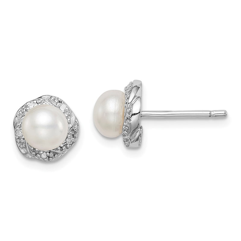 Sterling Silver Rhodium Fw Cultured Pearl & Diamond Post Earrings