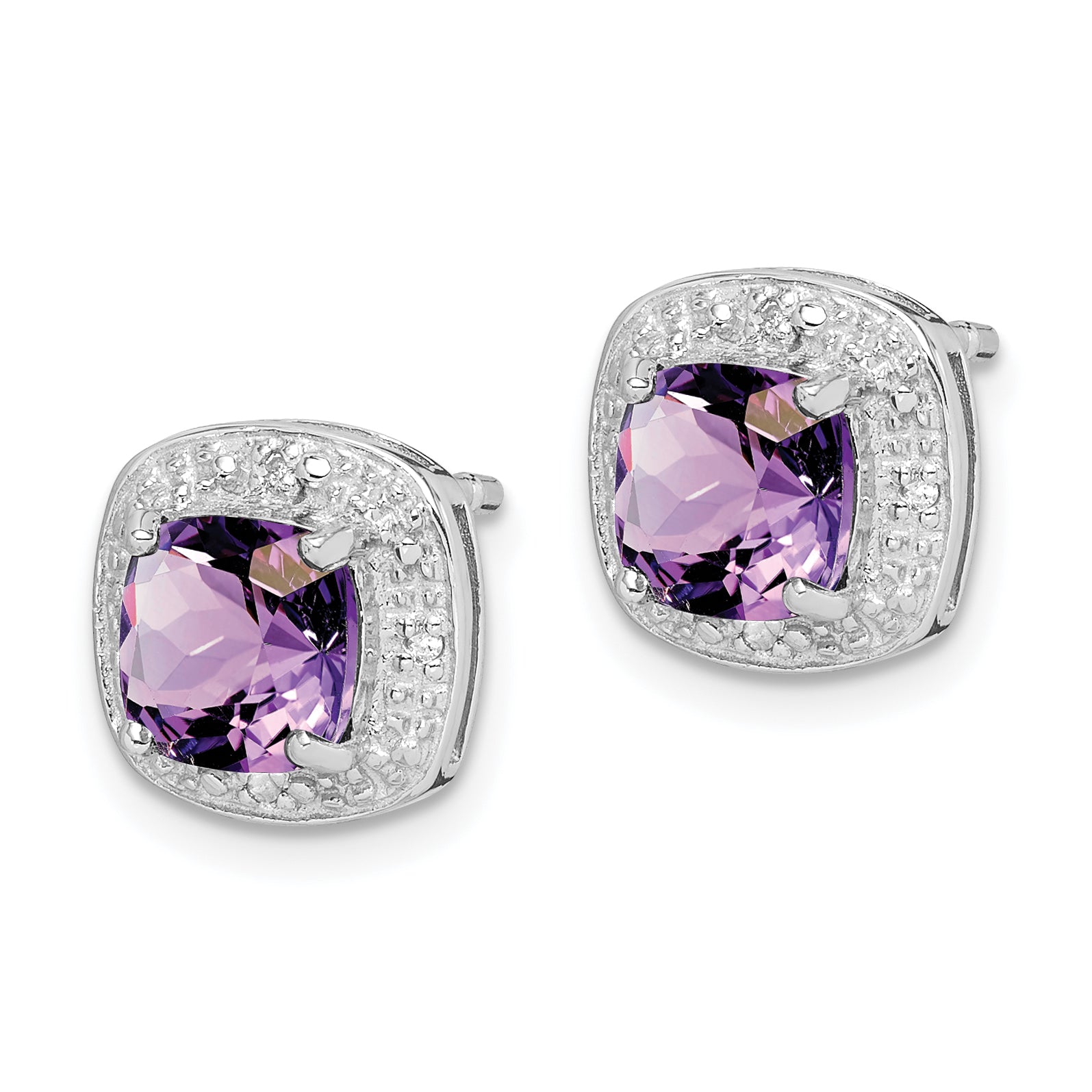 Sterling Silver Rhodium Plated Amethyst And Diamond Post Earrings