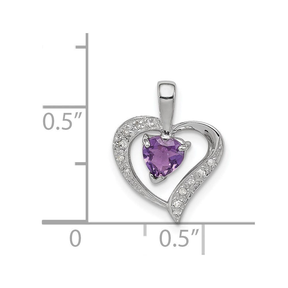 Sterling Silver Rhodium Plated Amethyst And Diamond Heart Pendant