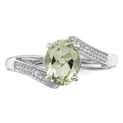 Sterling Silver Rhodium Green Quartz & Diamond Ring