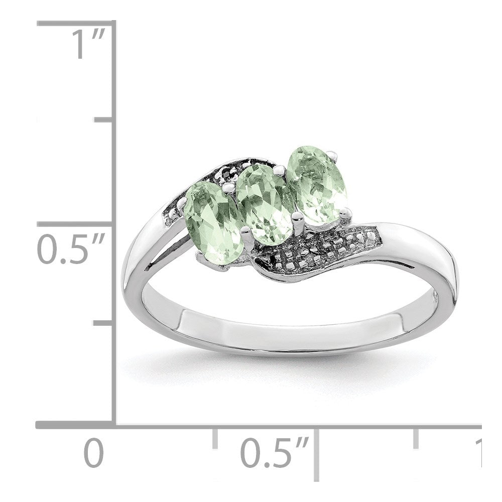 Sterling Silver Rhodium 3 Stone Green Quartz & Diamond Ring