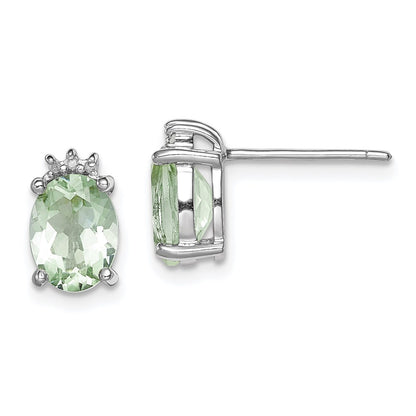 Sterling Silver Rhodium-Plated Oval Green Quartz And Diamondearrings