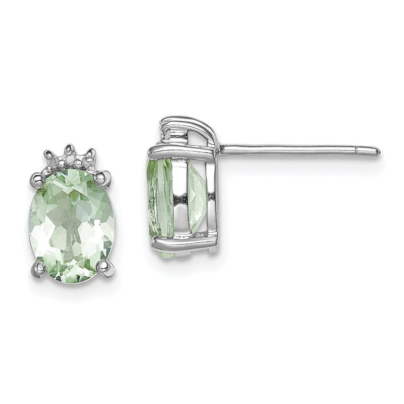 Sterling Silver Rhodium-Plated Oval Green Quartz And Diamondearrings
