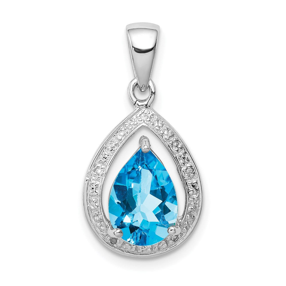 Sterling Silver Rhodium-Plated Light Swiss Blue Topaz & Diamond Pendant