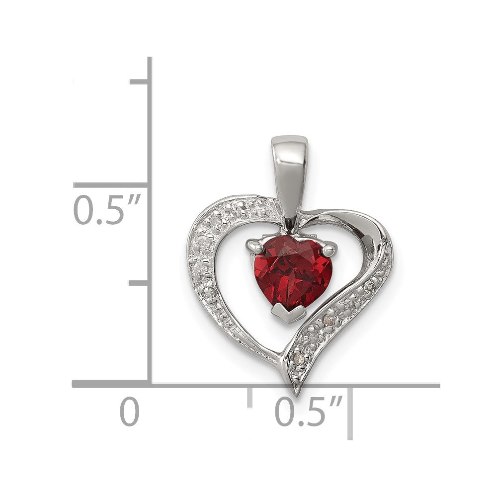 Sterling Silver Rhodium Heart Garnet & Diamond Pendant