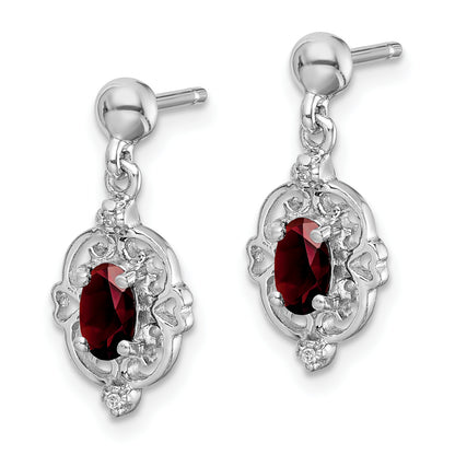 Sterling Silver Rhodium Pear Garnet And Diamond Post Earrings