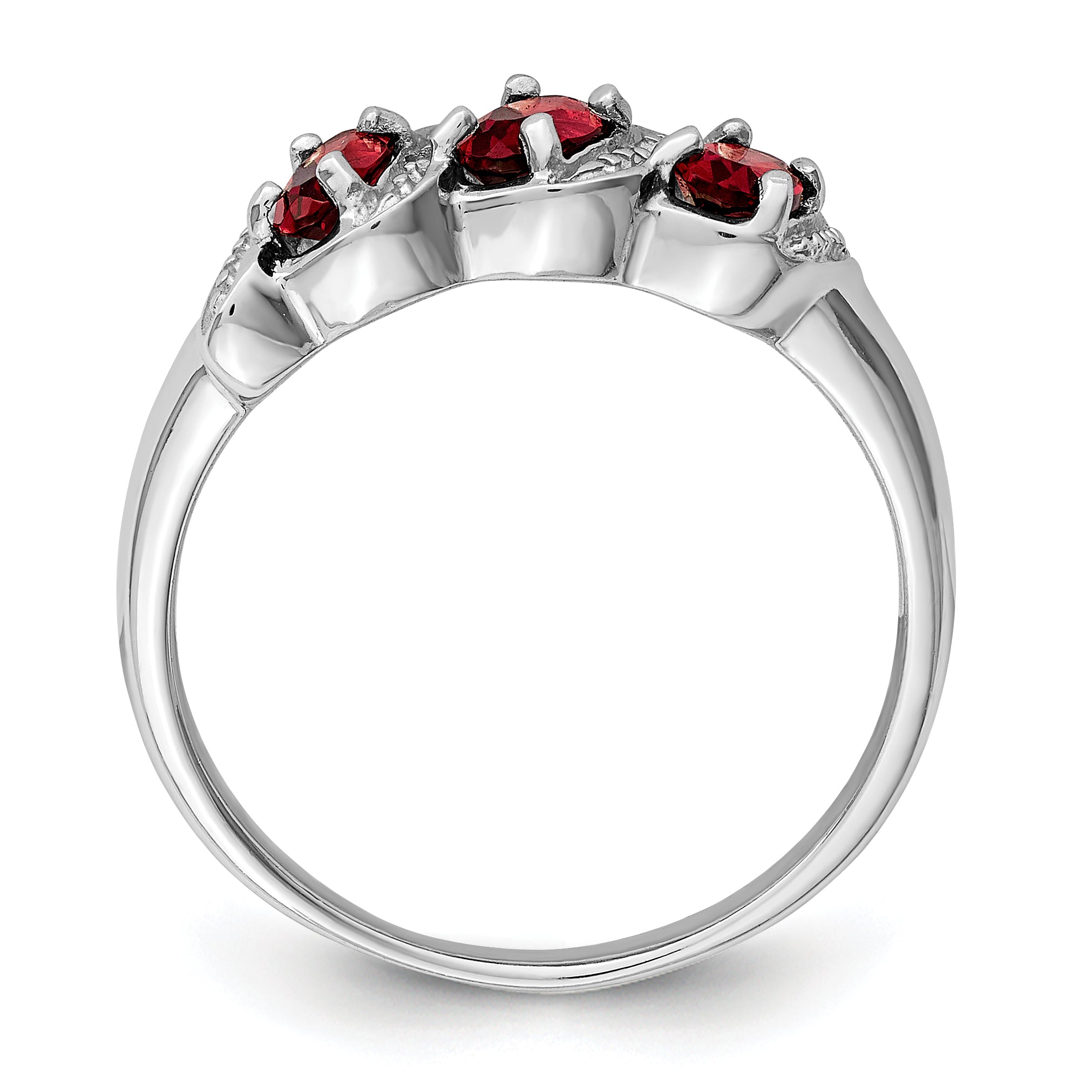 Sterling Silver Rhodium-Plated 3 Stone Garnet & Diamond Ring