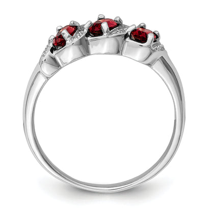 Sterling Silver Rhodium-Plated 3 Stone Garnet & Diamond Ring
