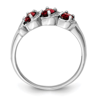 Sterling Silver Rhodium-Plated 3 Stone Garnet & Diamond Ring