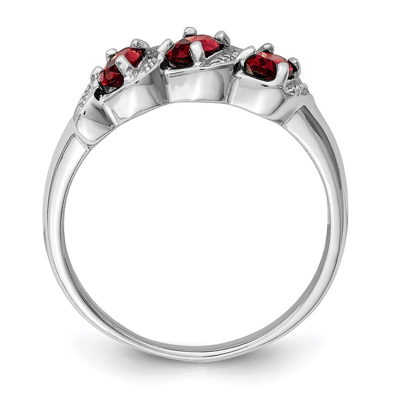 Sterling Silver Rhodium-Plated 3 Stone Garnet & Diamond Ring