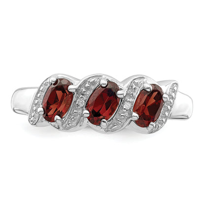 Sterling Silver Rhodium-Plated 3 Stone Garnet & Diamond Ring