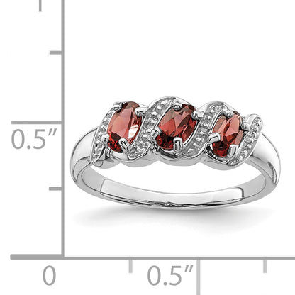 Sterling Silver Rhodium-Plated 3 Stone Garnet & Diamond Ring