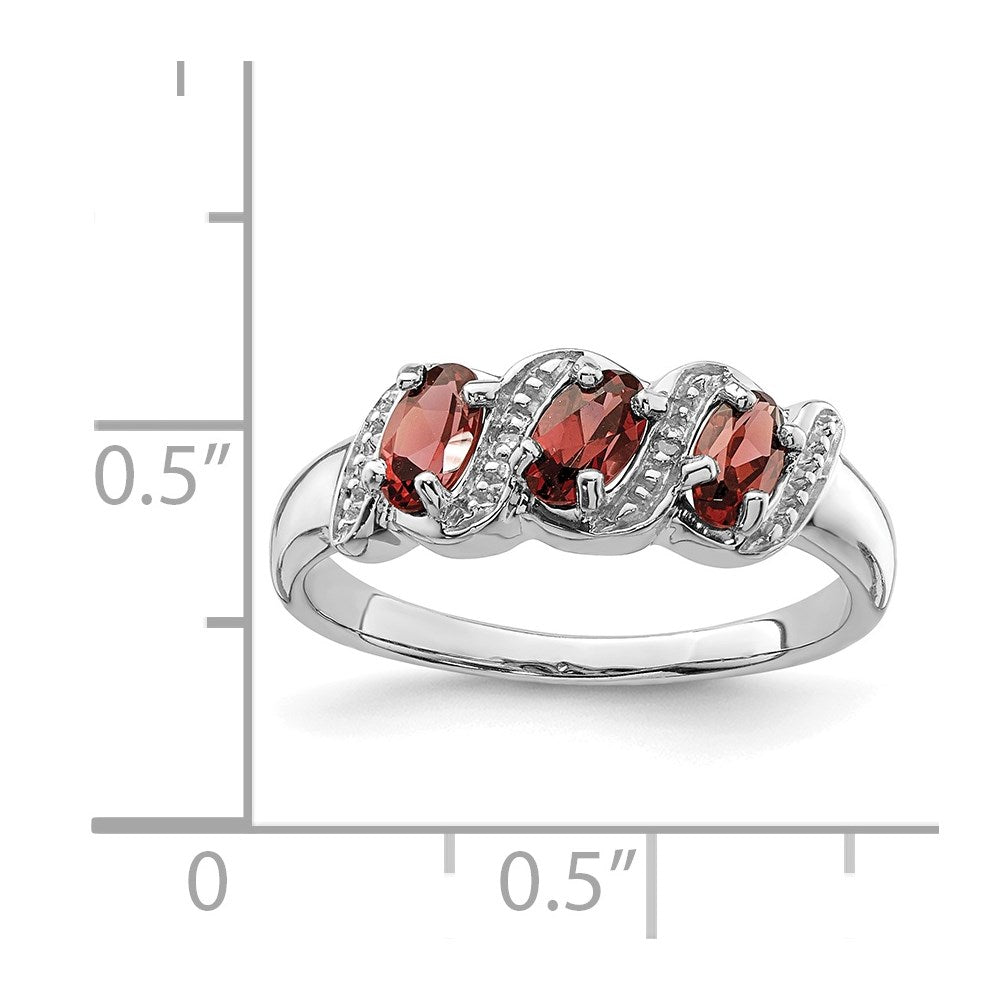 Sterling Silver Rhodium-Plated 3 Stone Garnet & Diamond Ring