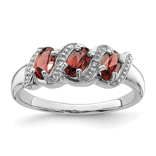 Sterling Silver Rhodium-Plated 3 Stone Garnet & Diamond Ring