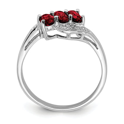 Sterling Silver Rhodium-Plated 3 Stone Garnet & Diamond Ring