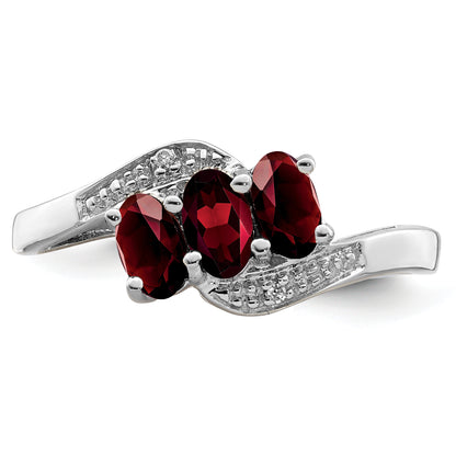 Sterling Silver Rhodium-Plated 3 Stone Garnet & Diamond Ring