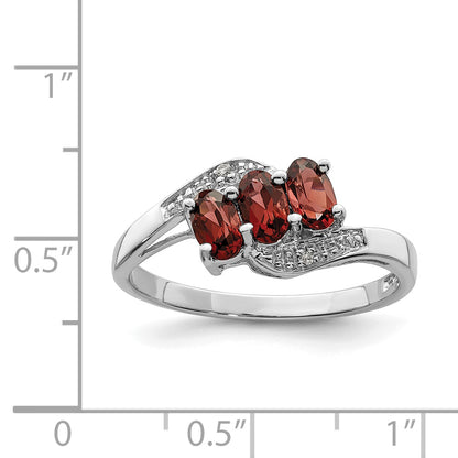 Sterling Silver Rhodium-Plated 3 Stone Garnet & Diamond Ring
