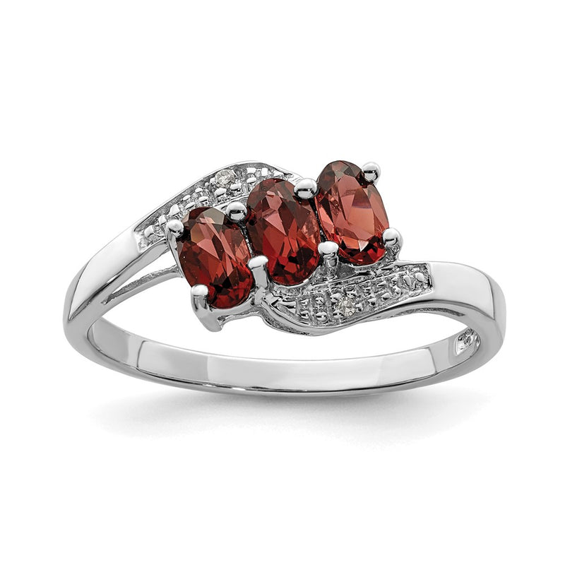 Sterling Silver Rhodium-Plated 3 Stone Garnet & Diamond Ring