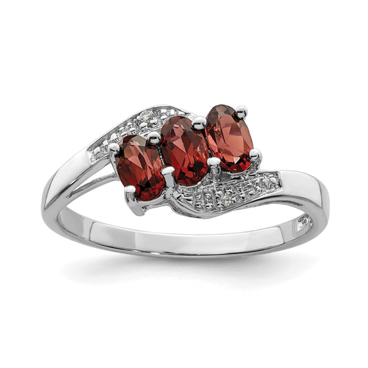 Sterling Silver Rhodium-Plated 3 Stone Garnet & Diamond Ring