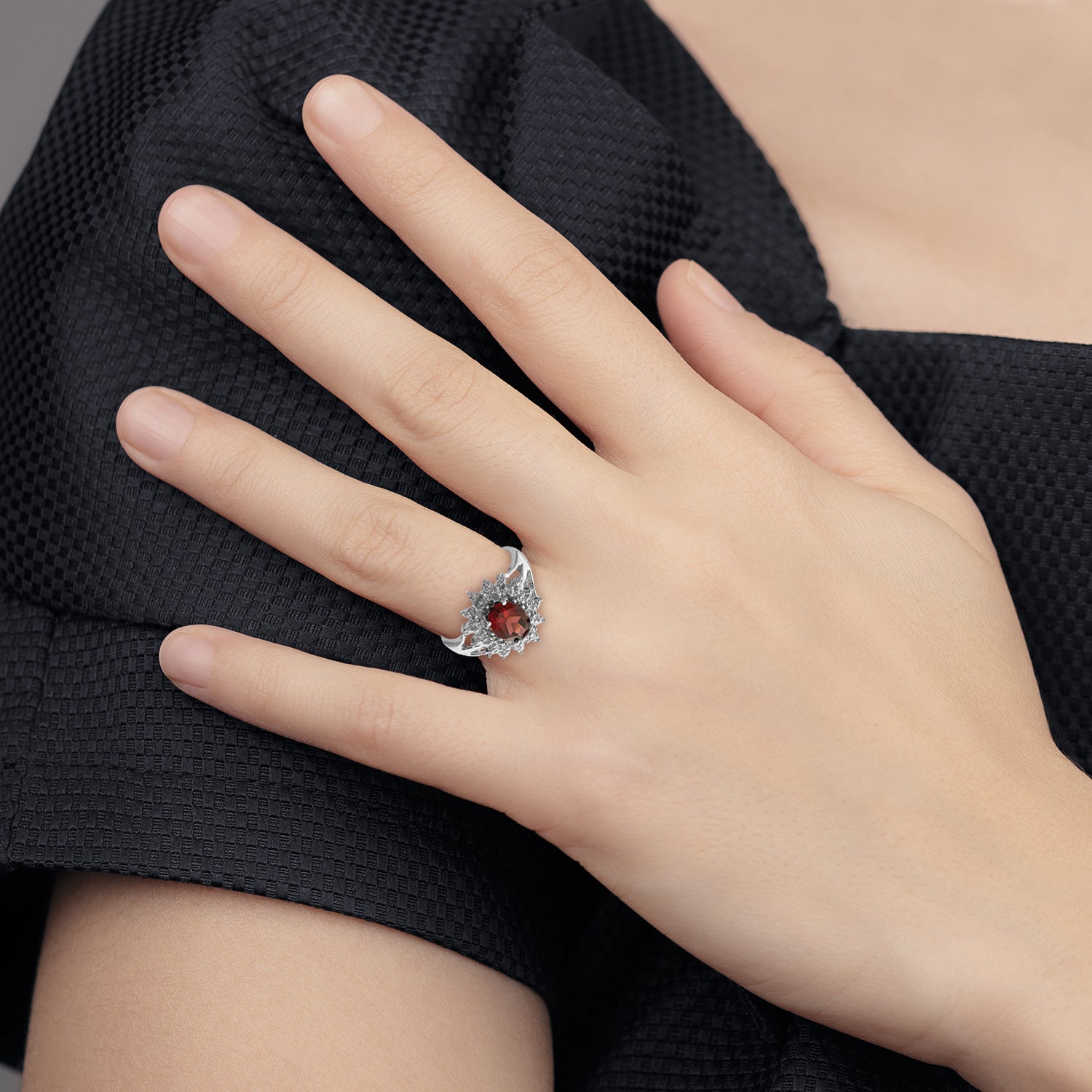 Sterling Silver Rhodium-Plated Garnet & Diamond Ring