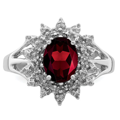 Sterling Silver Rhodium-Plated Garnet & Diamond Ring