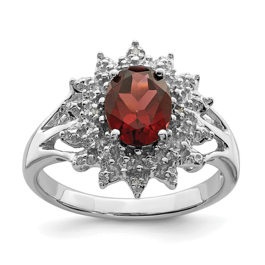 Sterling Silver Rhodium-Plated Garnet & Diamond Ring