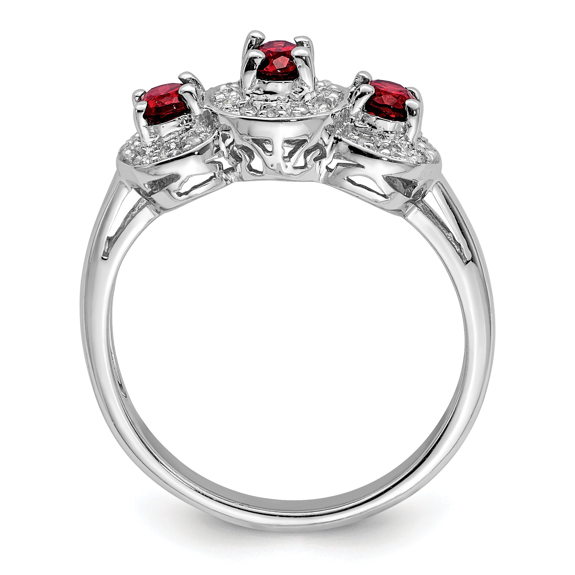 Sterling Silver Rhodium-Plated 3 Stone Garnet & Diamond Ring