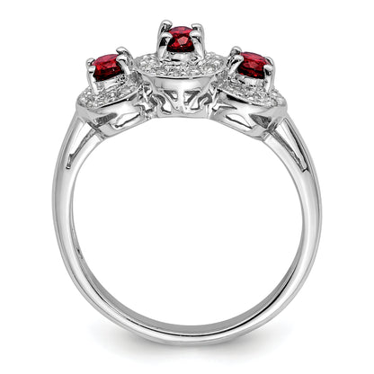 Sterling Silver Rhodium-Plated 3 Stone Garnet & Diamond Ring