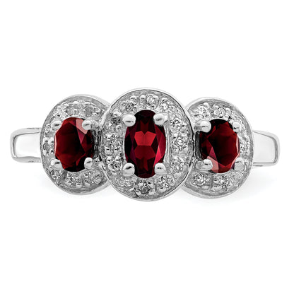 Sterling Silver Rhodium-Plated 3 Stone Garnet & Diamond Ring