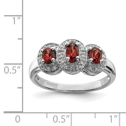 Sterling Silver Rhodium-Plated 3 Stone Garnet & Diamond Ring