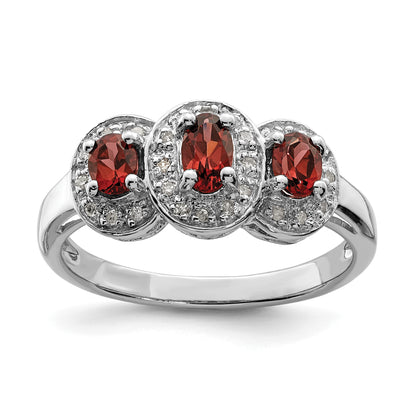 Sterling Silver Rhodium-Plated 3 Stone Garnet & Diamond Ring