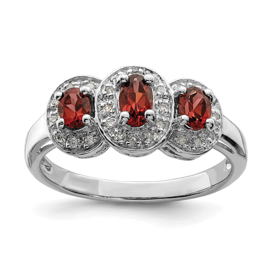 Sterling Silver Rhodium-Plated 3 Stone Garnet & Diamond Ring